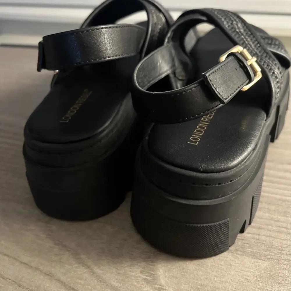London Rebel Thick Platform Chunky Woven Cross Strap Sandals in Black Size 39